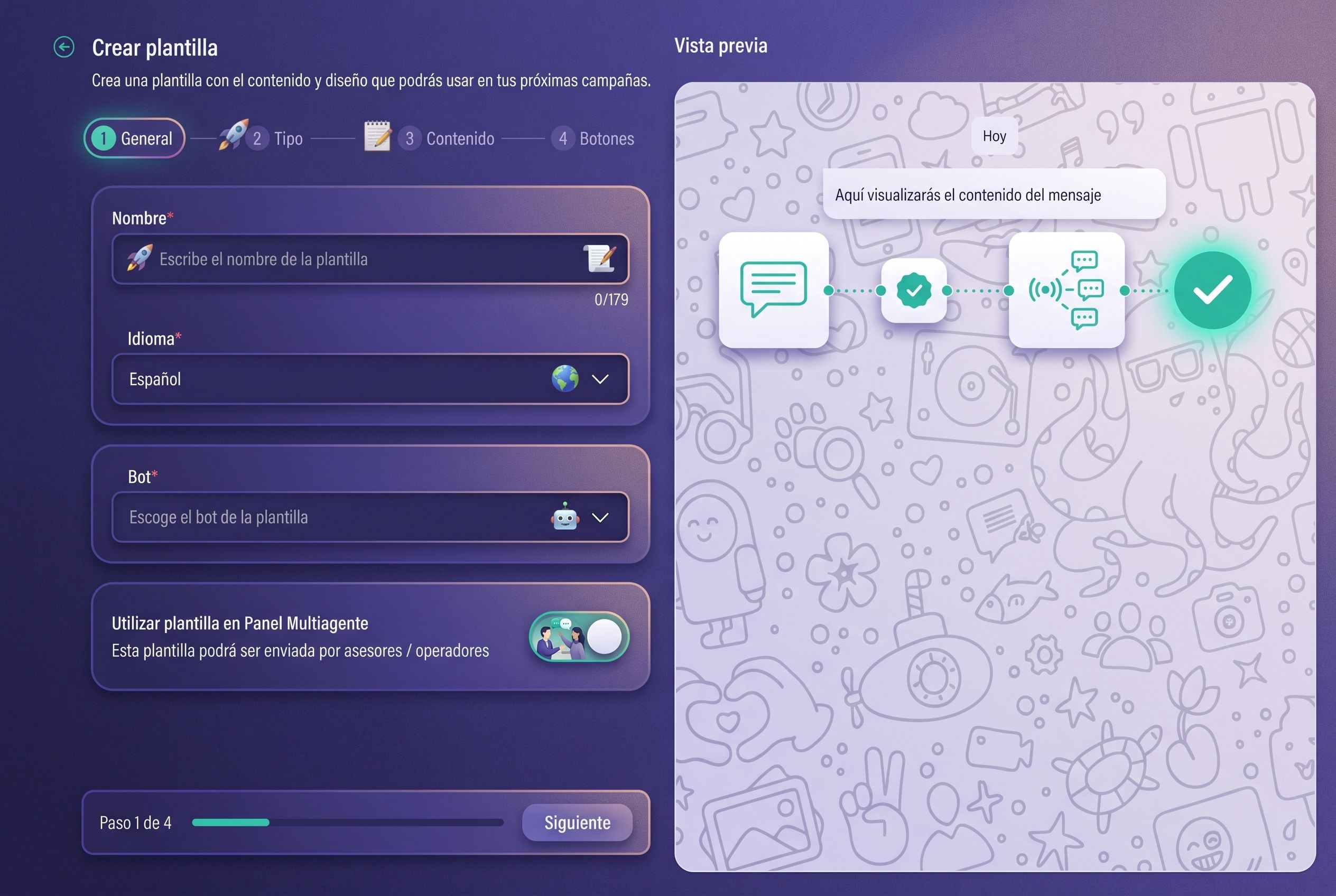 Asistente de creación de plantilla de WhatsApp con vista previa en vivo