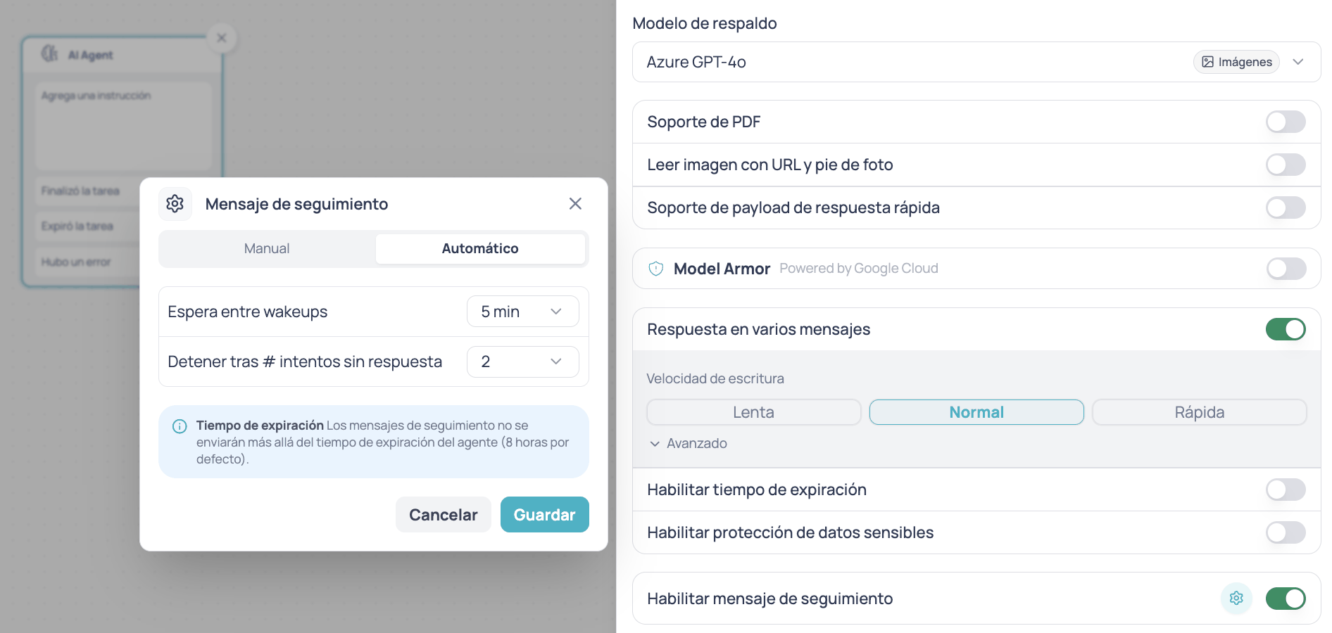 Configuración de Mensaje de seguimiento en el nodo AI Agent: modo automático, espera entre wakeups e intentos sin respuesta