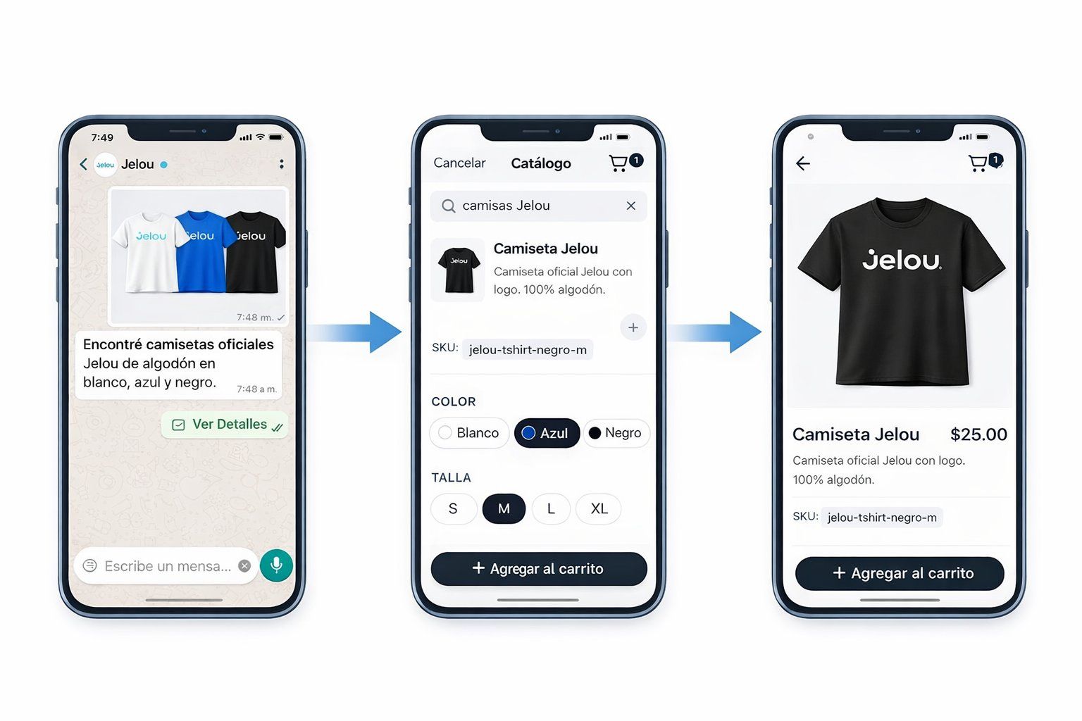 Recorrido del catálogo en WebView: búsqueda en el chat, ficha de producto con variantes y agregar al carrito