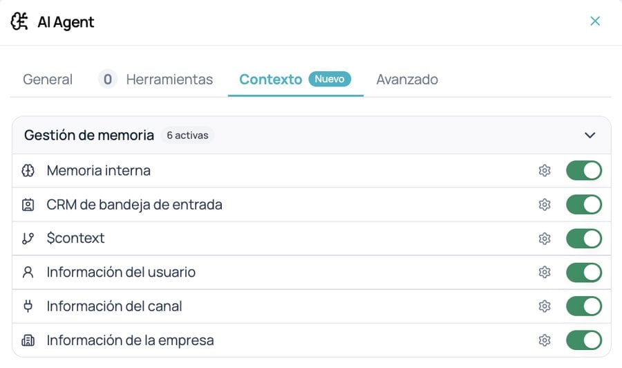 Panel Gestión de memoria en el nodo AI Agent con 6 fuentes activas