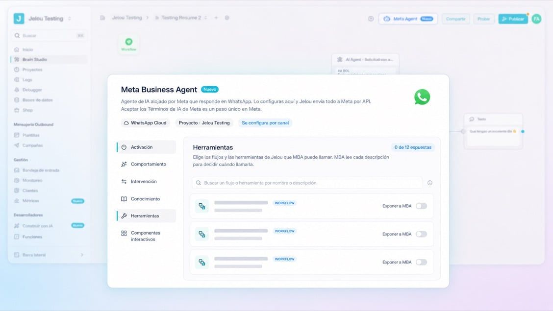 Panel de Meta Business Agent en Brain Studio: pestaña Herramientas, con los flujos y tools de Jelou que MBA puede llamar y un interruptor Exponer a MBA en cada uno