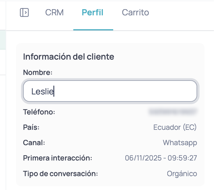 Perfil del contacto en Bandeja de entrada con el nombre editable