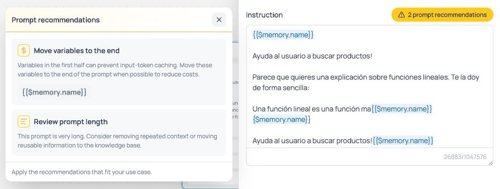 Panel Prompt recommendations junto a la instrucción del AI Agent con 2 recomendaciones