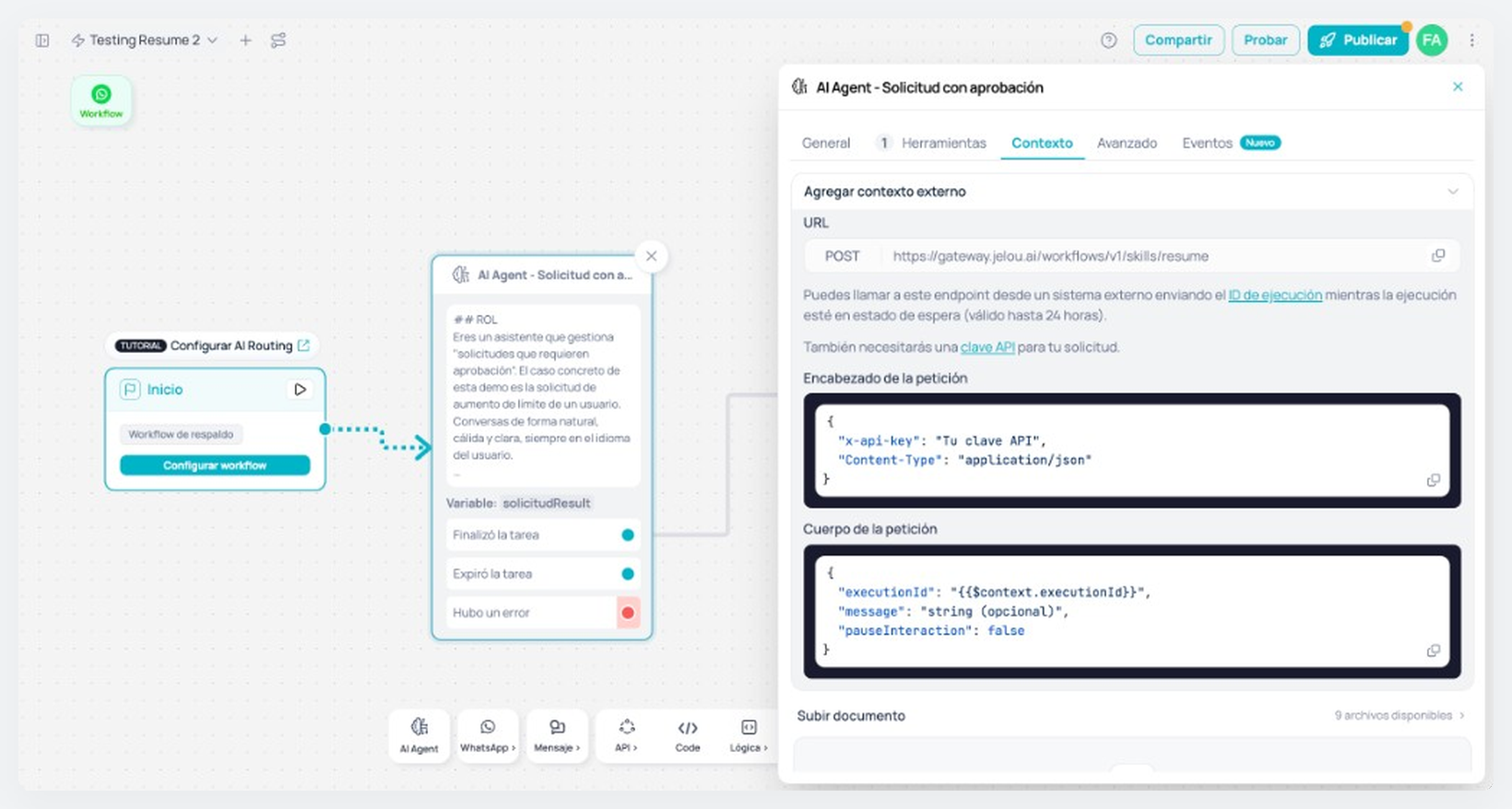 AI Agent, pestaña Contexto: Agregar contexto externo con el POST a Resume, el header x-api-key y el cuerpo con executionId.