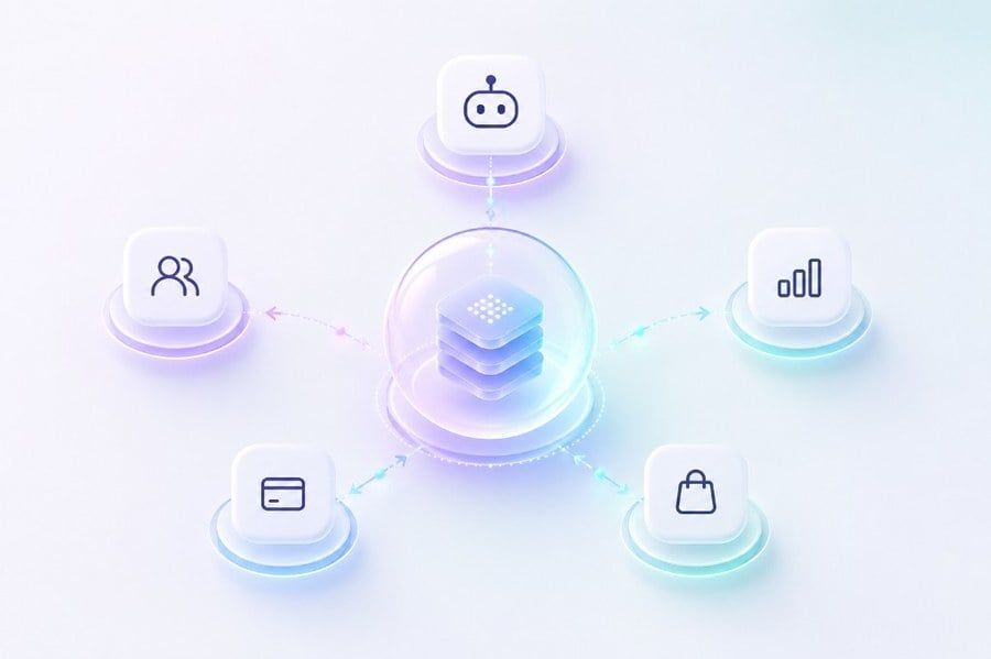 Memoria central del agente conectada a CRM, analítica, pagos y e-commerce