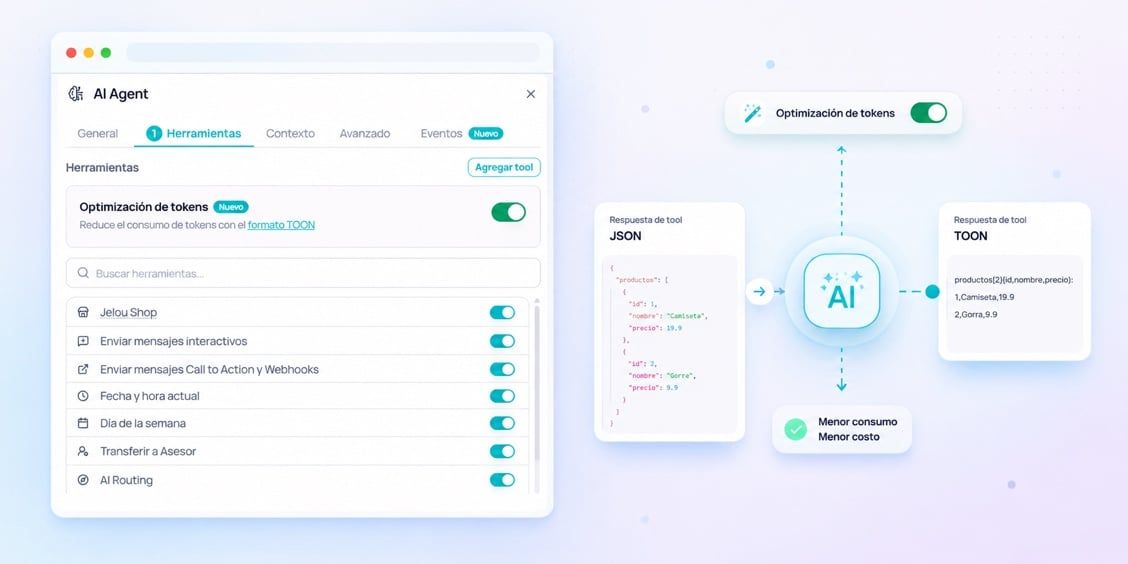 El interruptor de Optimización de tokens y la misma respuesta de una tool en JSON y en TOON, lado a lado