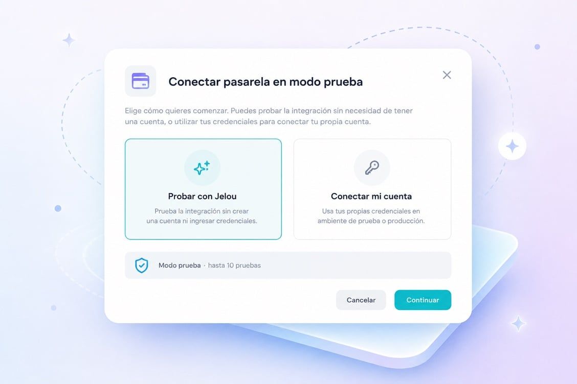 Modal Conectar pasarela en modo prueba: eliges entre Probar con Jelou o Conectar mi cuenta, con hasta 10 pruebas