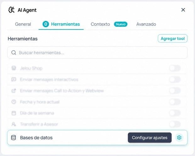 Panel AI Agent, pestaña Herramientas, con Bases de datos seleccionada y el botón Configurar ajustes