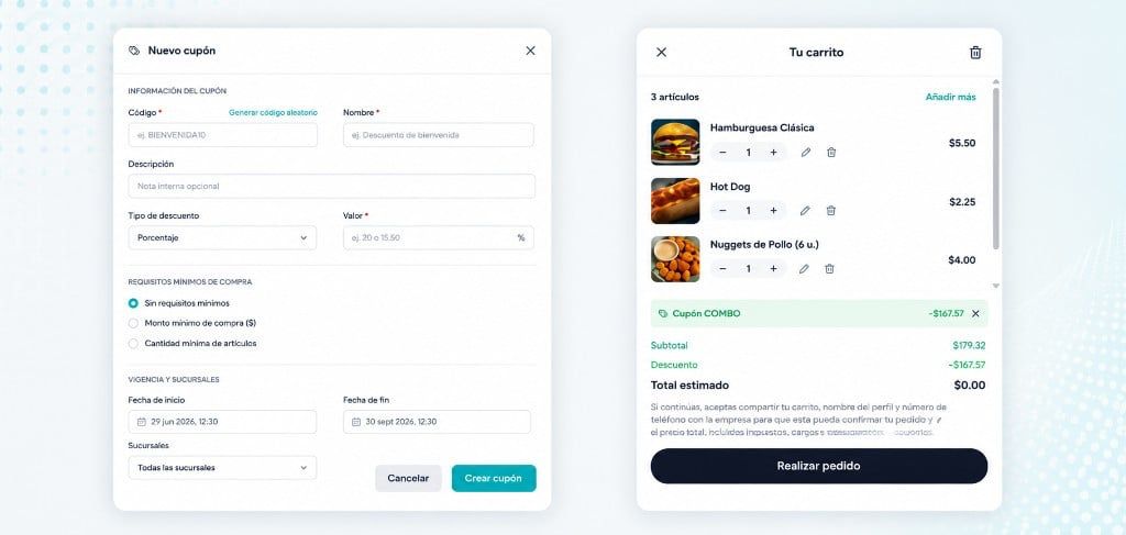 Módulo de Promociones en Jelou Shop: gestión de cupones, creación de cupón y carrito con descuento aplicado