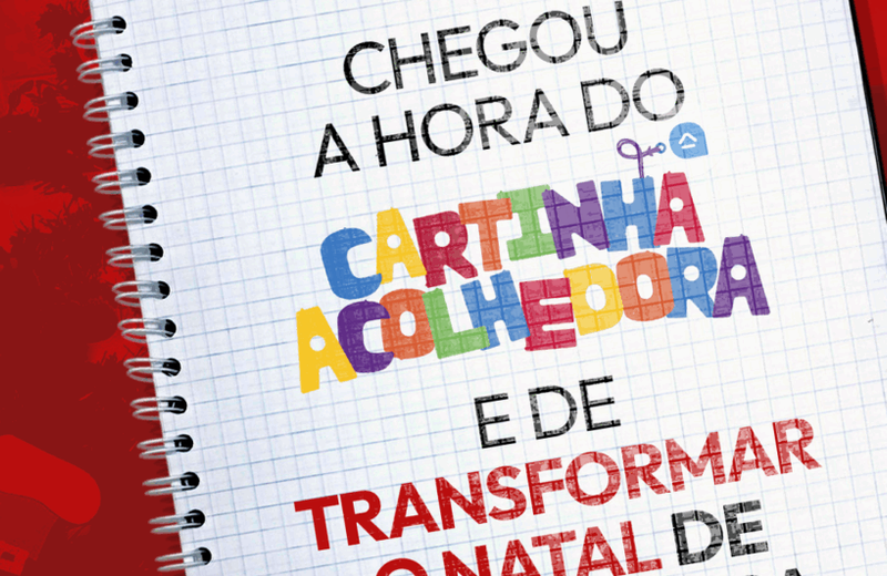 Arte gráfica em fundo vermelho com os logotipos da Rede Abrigo e do Instituto David Miranda no topo. Ao centro, um caderno pautado em destaque traz a mensagem “Chegou a hora do Cartinha Acolhedora e de transformar o Natal de uma criança acolhida”, com o nome do projeto em letras coloridas.