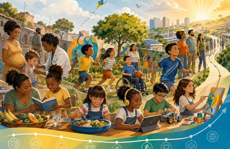 Ilustração colorida e otimista mostra crianças diversas em situações de cuidado, educação, alimentação, esporte, arte, tecnologia e convivência comunitária. A cena inclui atendimento de saúde, leitura, brincadeiras ao ar livre, uma criança em cadeira de rodas participando das atividades e jovens envolvidos com robótica e pintura. Ao fundo, uma cidade arborizada e iluminada pelo nascer do sol simboliza oportunidades e futuro, enquanto uma linha gráfica com ícones de direitos e serviços representa avanços na proteção e no desenvolvimento da infância ao longo do tempo.