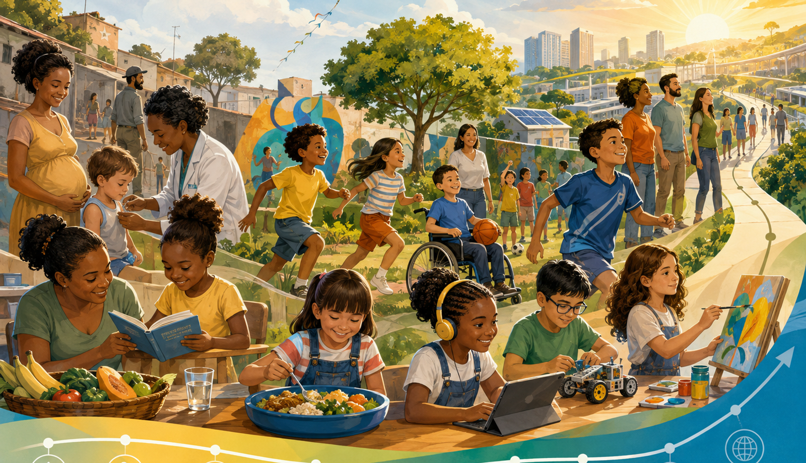 Ilustração colorida e otimista mostra crianças diversas em situações de cuidado, educação, alimentação, esporte, arte, tecnologia e convivência comunitária. A cena inclui atendimento de saúde, leitura, brincadeiras ao ar livre, uma criança em cadeira de rodas participando das atividades e jovens envolvidos com robótica e pintura. Ao fundo, uma cidade arborizada e iluminada pelo nascer do sol simboliza oportunidades e futuro, enquanto uma linha gráfica com ícones de direitos e serviços representa avanços na proteção e no desenvolvimento da infância ao longo do tempo.