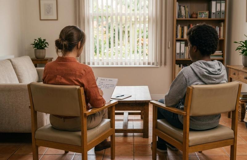 Uma sala de atendimento com uma psicologa e uma adolescente sendo atendida