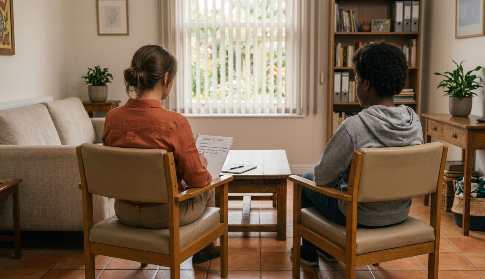 Uma sala de atendimento com uma psicologa e uma adolescente sendo atendida