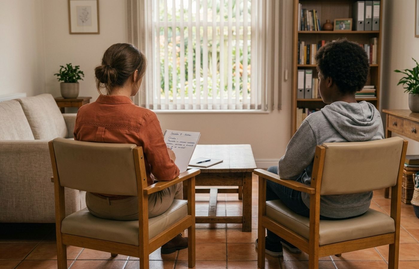 Uma sala de atendimento com uma psicologa e uma adolescente sendo atendida