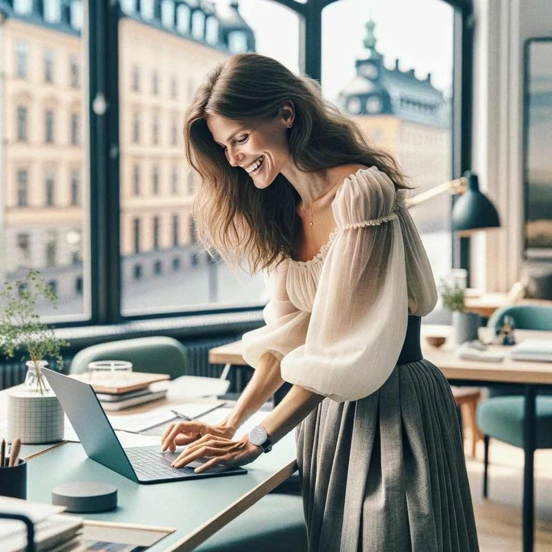 Woman standing up and working hard with her computer but is happy and smiles.