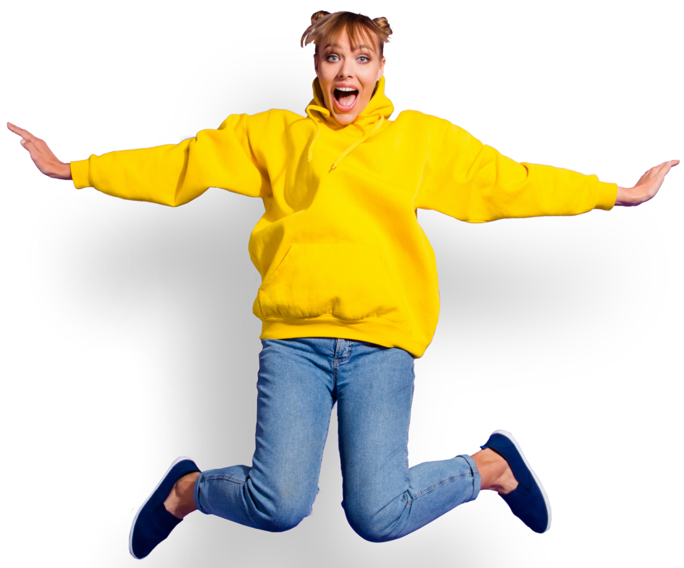 Jumping girl in yellow swether