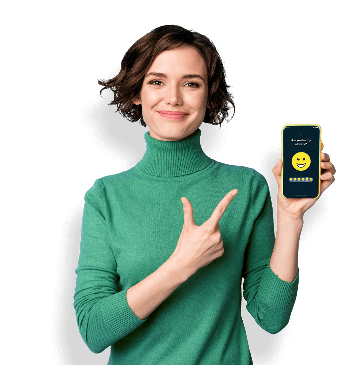 Woman in green sweater holding a mobile phone