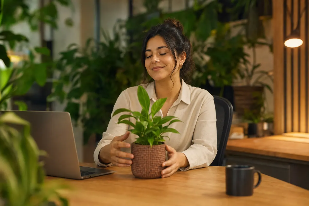 Escritorio de equipo con planta y pausa de bienestar