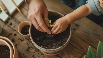 Manos de adulto y niño plantando una semilla. Cómo acompañar a tu hijo en un taller creativo sin convertirlo en clase