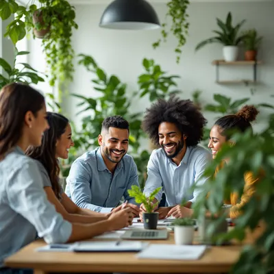 Equipo de oficina recibiendo un kit de onboarding con planta y tarjeta