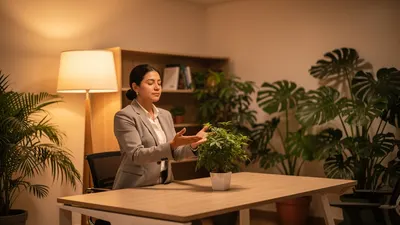 Equipo de trabajo en pausa de bienestar junto a una planta