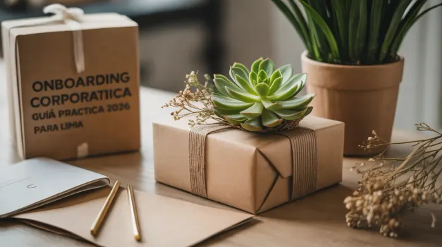Kit de bienvenida corporativo con planta y tarjeta para un nuevo colaborador