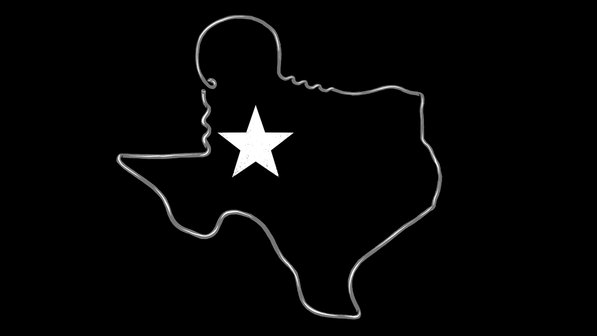 A black and white graphic with the outline of Texas made with a clothes hanger