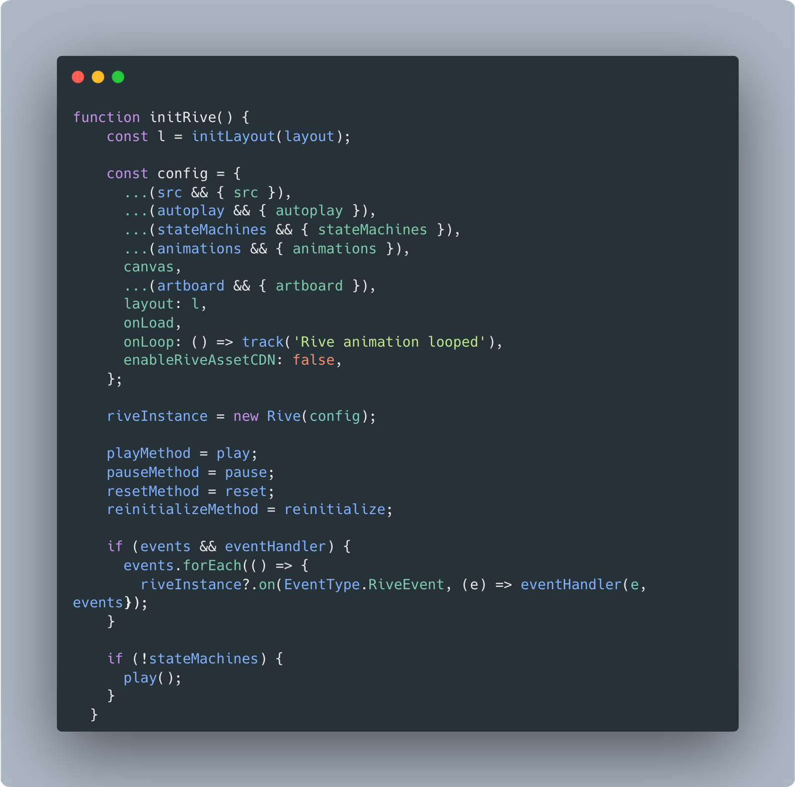 A code snippet for the Rive animation renderer component