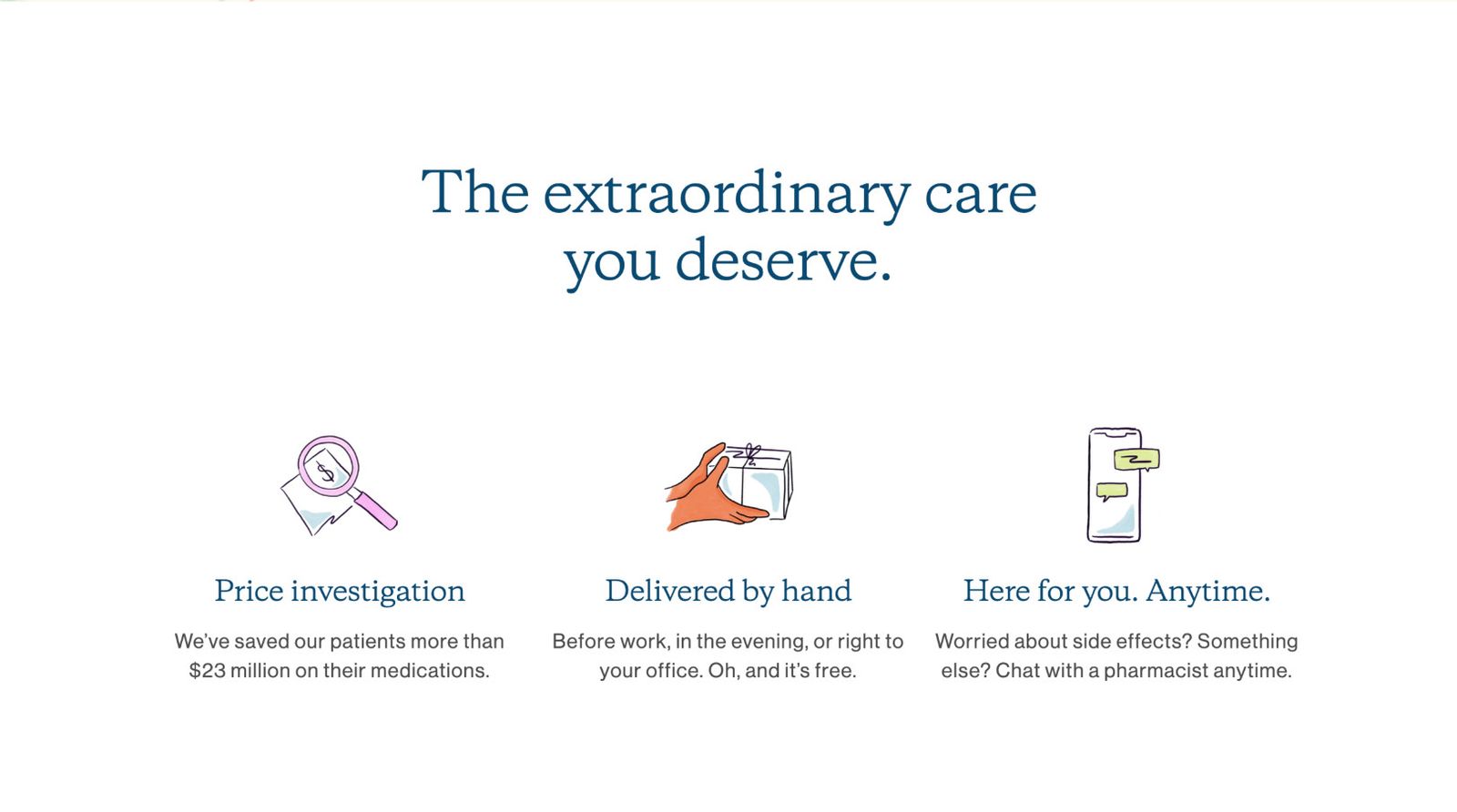 Alto Pharmacy homepage with an illustrated neighborhood hero and three service benefits.