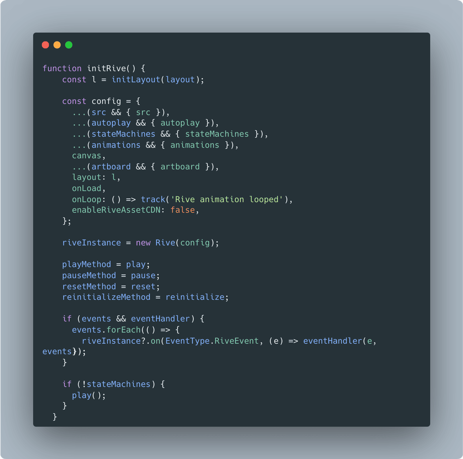 A code snippet for the Rive animation renderer component