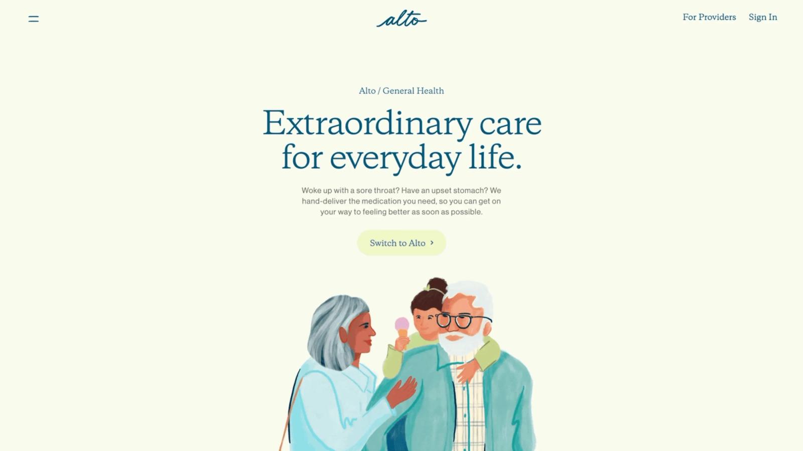 Alto general health landing page with the headline “Extraordinary care for everyday life” and an illustration of patients.