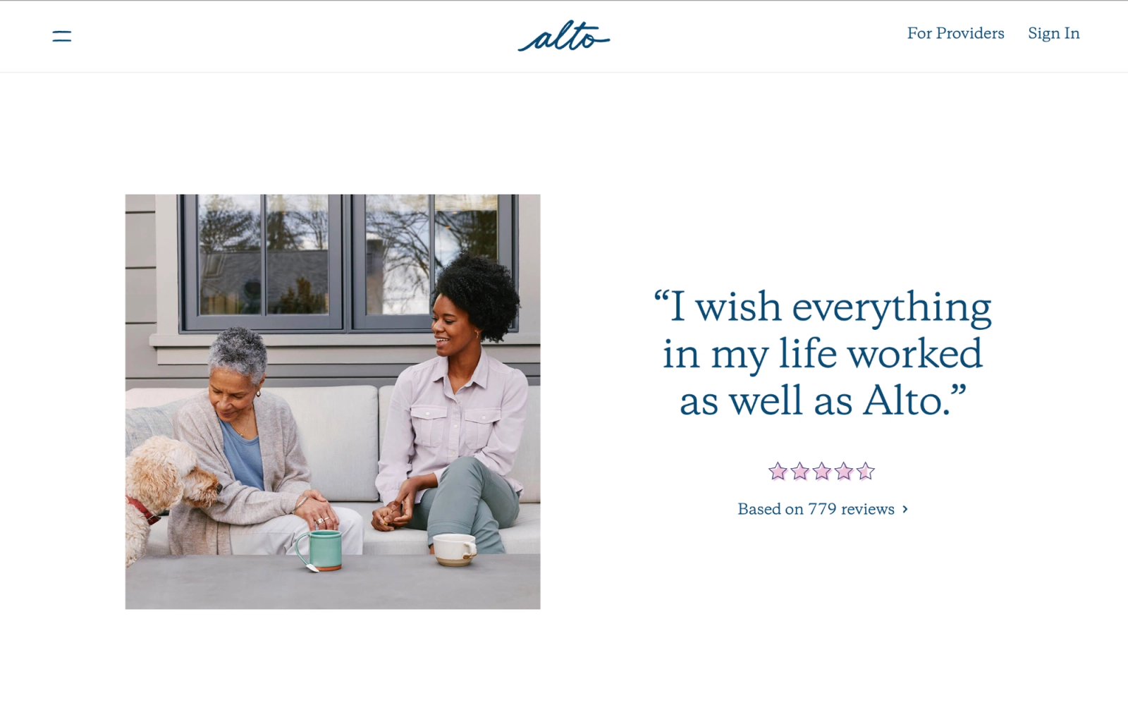 Alto customer review module with a photograph of two people and a testimonial.