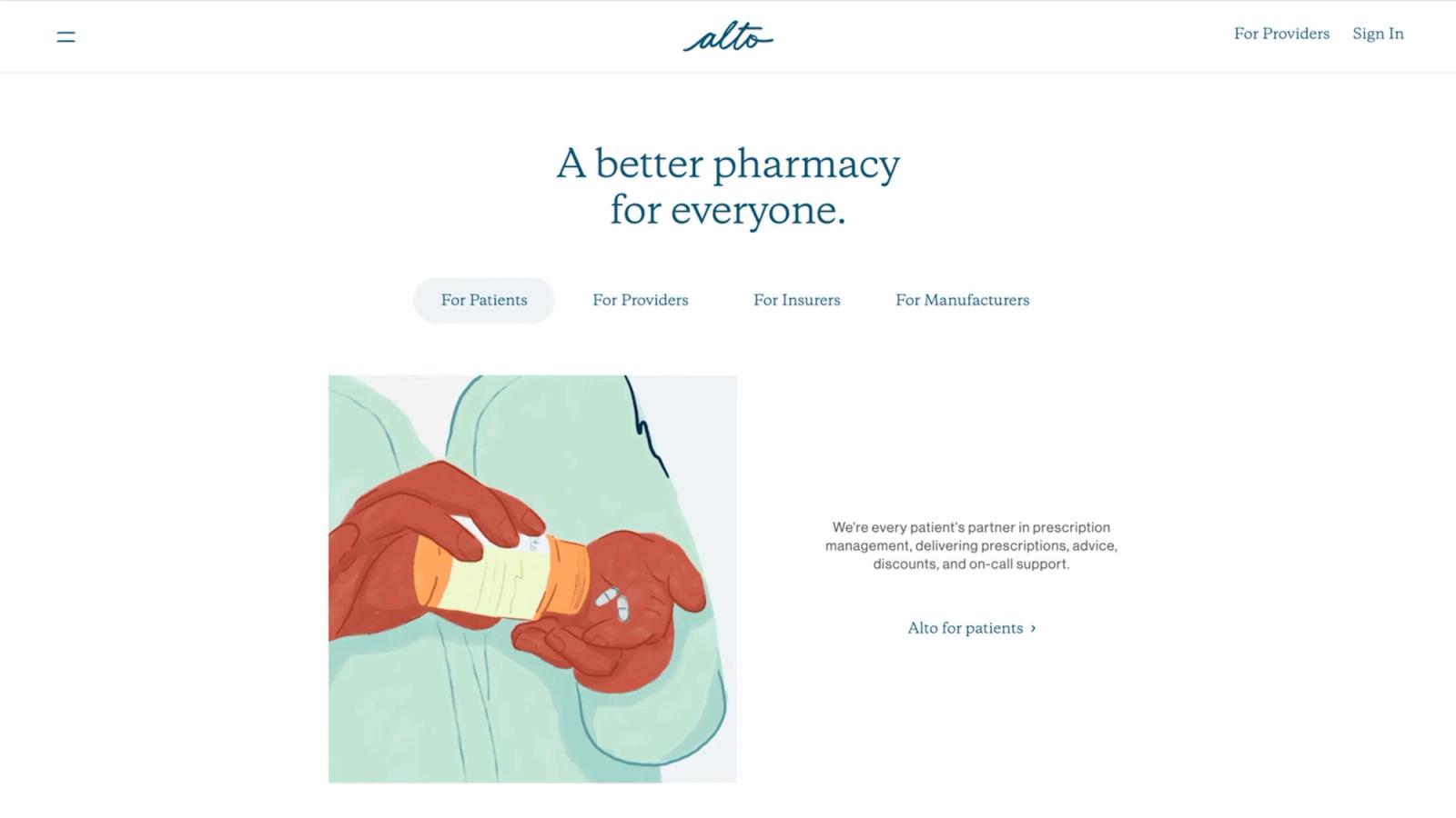 Alto audience navigation with tabs for patients, providers, insurers, and manufacturers.
