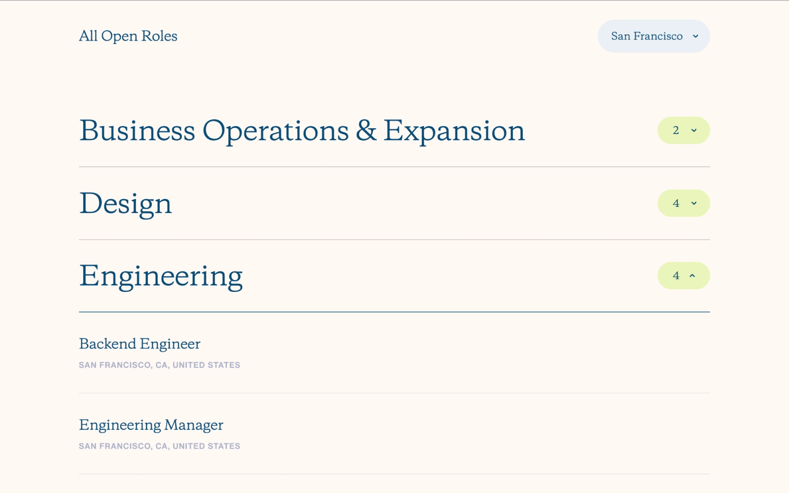 Alto careers page with a San Francisco location filter and expanded engineering roles.