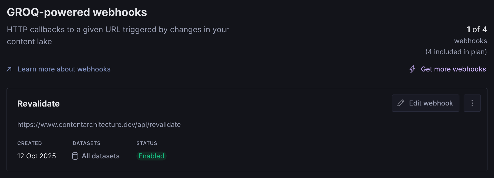 Sanity GROQ-powered webhooks settings showing an enabled Revalidate webhook posting to the site's /api/revalidate route