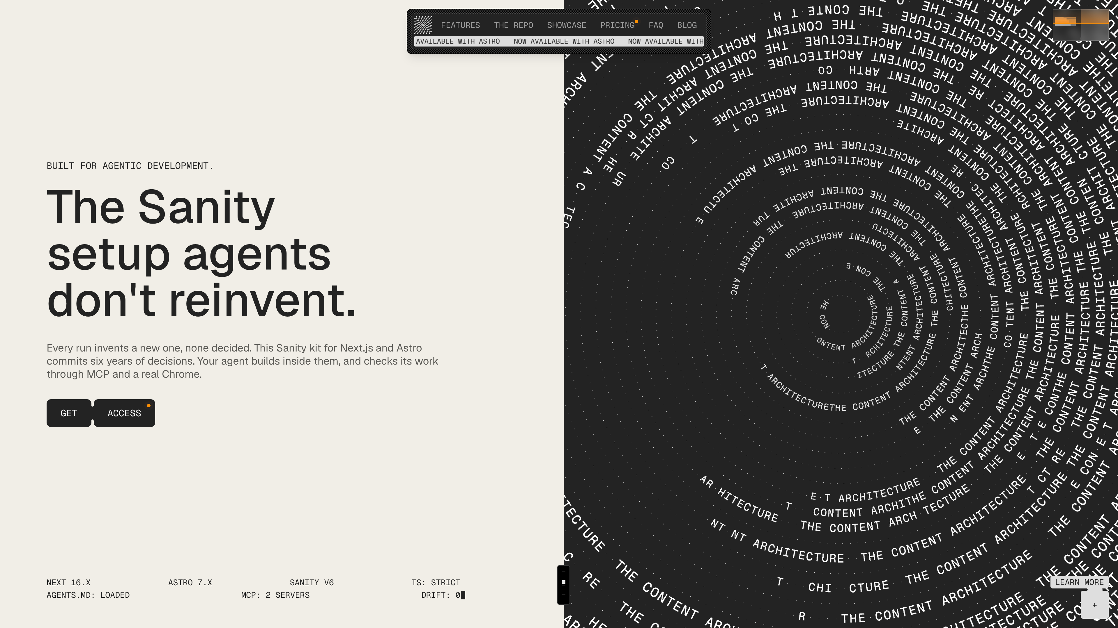 Sanity landing page with headline “The Sanity setup agents don’t reinvent”