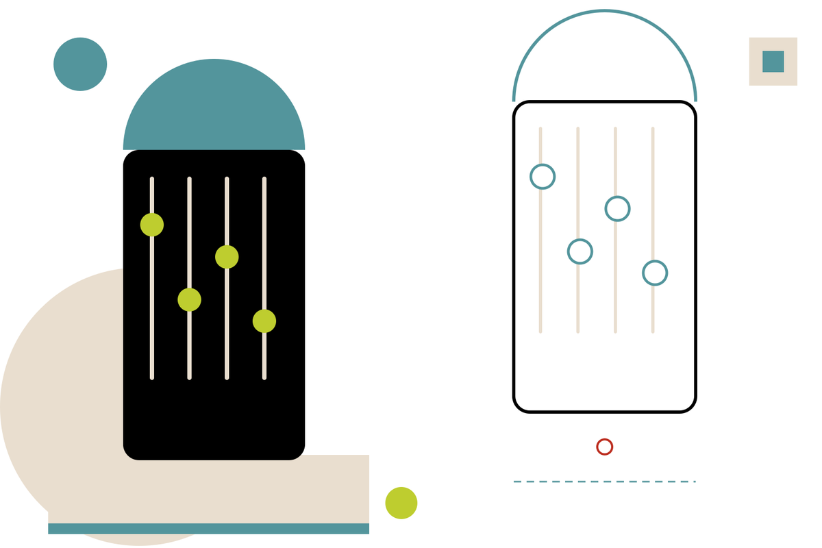 Flat geometric illustration contrasting an owned capability — a solid black control panel with filled lime knobs, grounded on a solid teal-and-beige base — with a rented dependency: the same panel rendered as a hollow outline, floating above a dashed line it never touches, marked by a small red risk ring in the gap.