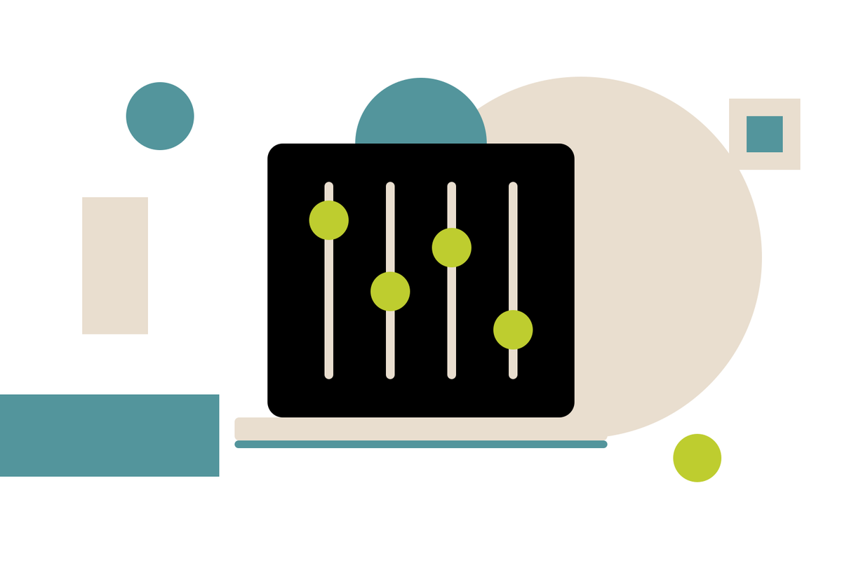 Flat geometric illustration of a black control panel with four lever tracks, each lever set at its own position with a bright knob, under a teal semicircle and surrounded by teal and beige geometric shapes, representing an organisation holding the operational levers of its AI agents.