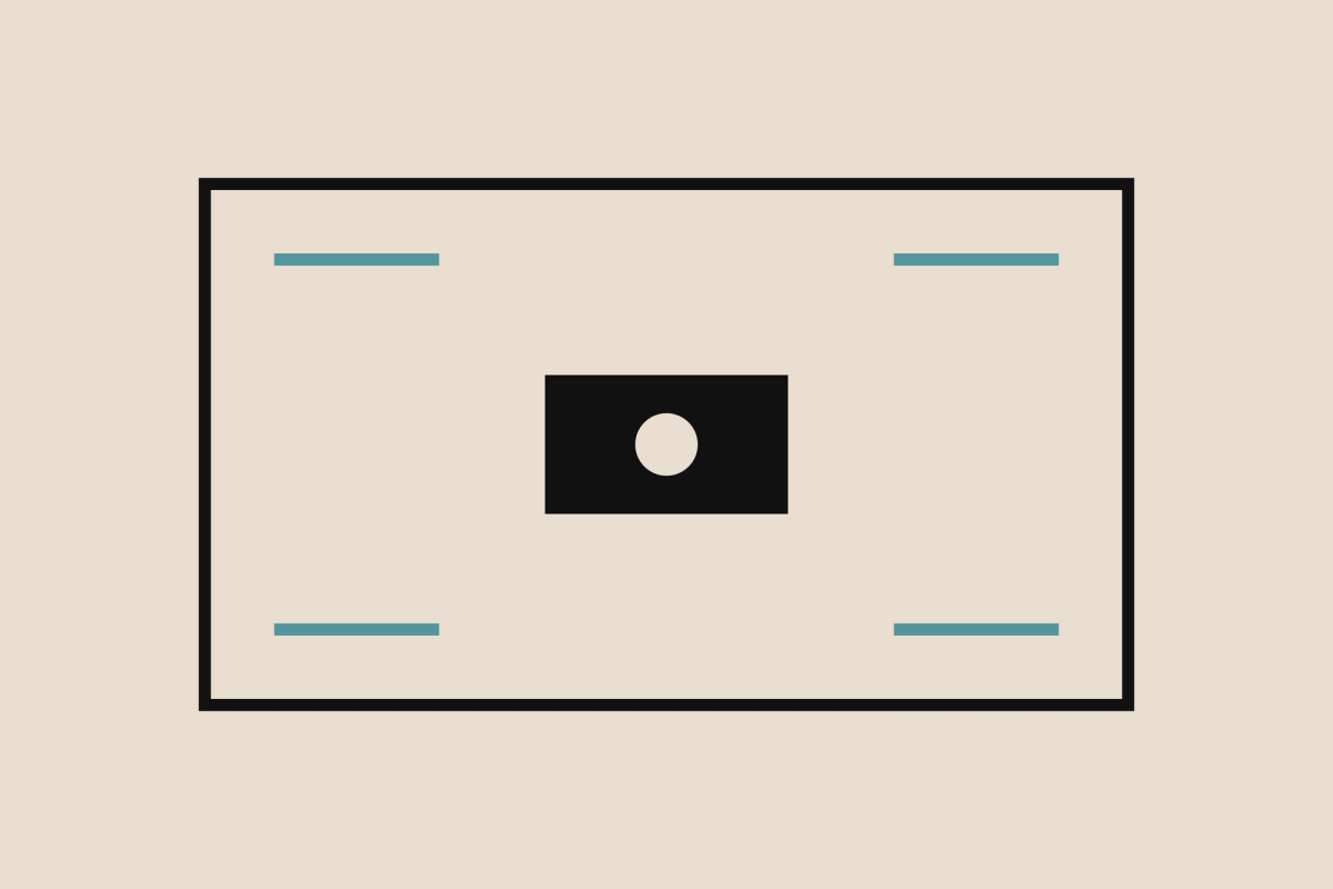 A wide rectangular container with a solid dark block at its centre and four short teal rules at its inner corners, an abstract figure of work held inside a surrounding structure.