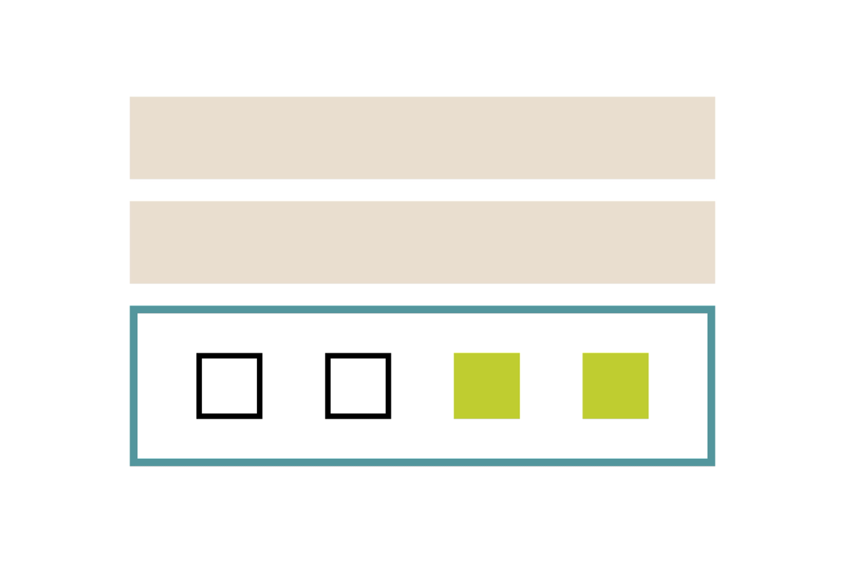 Two beige horizontal bars above a white panel framed in teal that holds four squares, two outlined in black and two filled in lime, an abstract figure of three stacked lists in which the last holds two borrowed questions and two added ones.