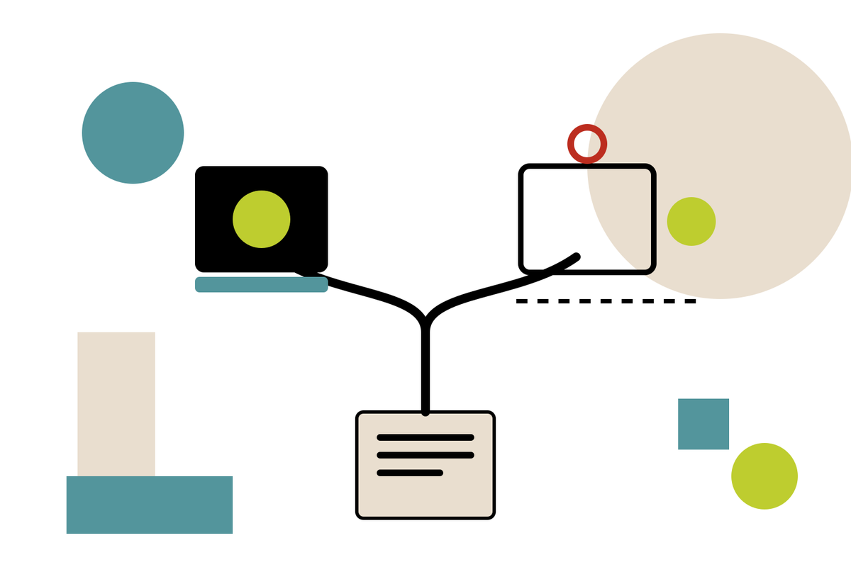 Flat geometric illustration of a proposed deal at a fork: a beige contract document at the base sends a single black path upward that splits in two. The left branch leads to a solid black panel with a lime core held inside it, grounded on a short teal base — capability owned inside. The right branch leads to a hollow black panel outline with a lime disc floating beside it rather than within, marked by a small red risk ring and hovering over a dashed line it never touches — dependency rented beside. Teal and beige circles, squares and bars surround the two outcomes.