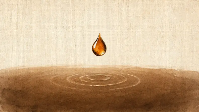 An amber coffee droplet suspended above subtle ripples on a dark coffee surface, representing each brew becoming part of a lasting personal history.