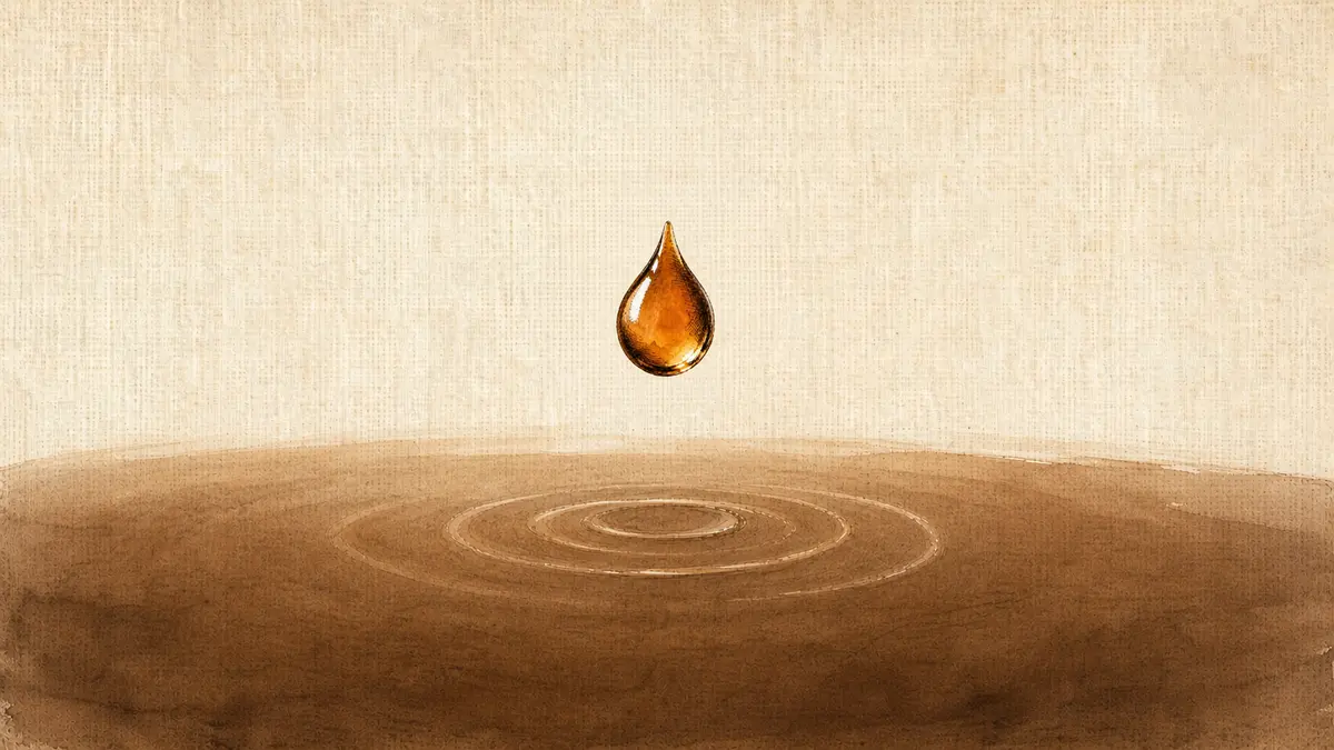 An amber coffee droplet suspended above subtle ripples on a dark coffee surface, representing each brew becoming part of a lasting personal history.