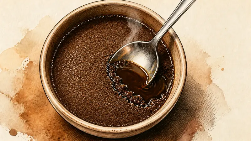 An ink-and-watercolour illustration of a cupping bowl, its dense crust of coffee grounds parted by a single stroke of a silver spoon to reveal the dark liquid beneath.