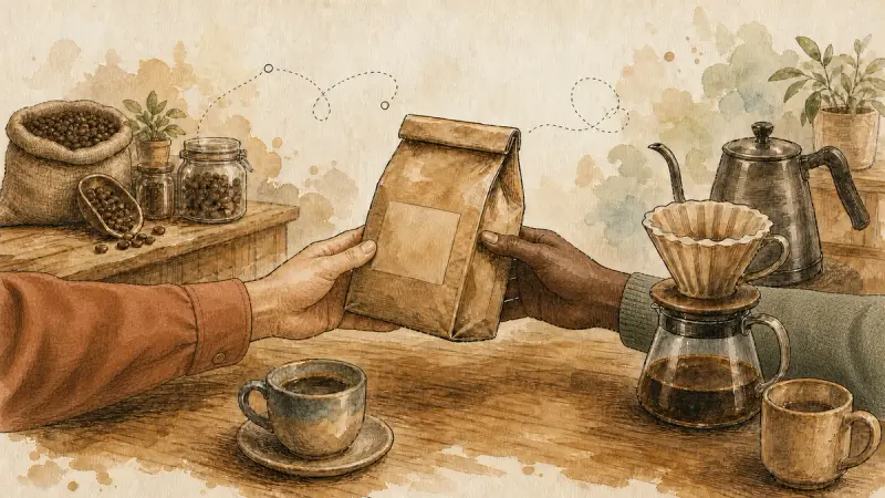 Two people with different skin tones hold a coffee bag together across a table with pour-over equipment and coffee beans.