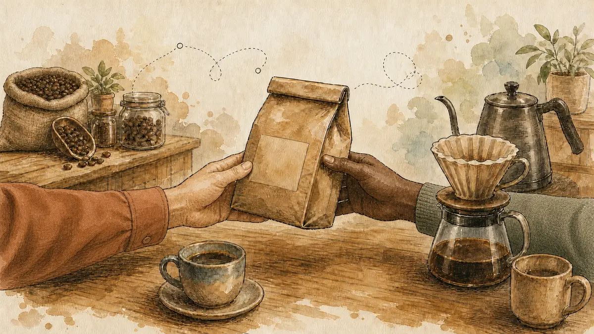 Two people with different skin tones hold a coffee bag together across a table with pour-over equipment and coffee beans.