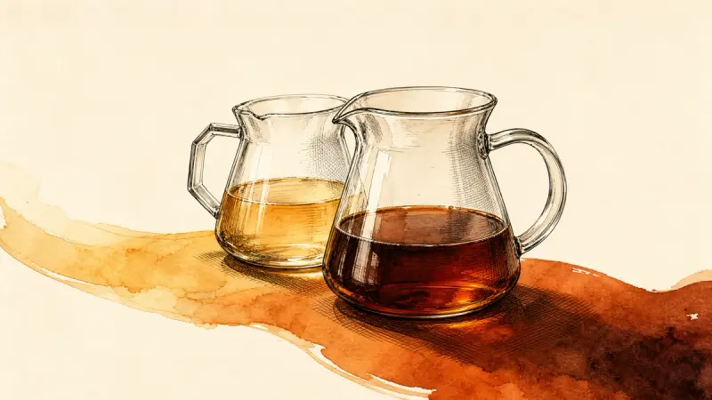Two glass coffee carafes connected by a warm watercolor ribbon, representing brew comparison and progress.