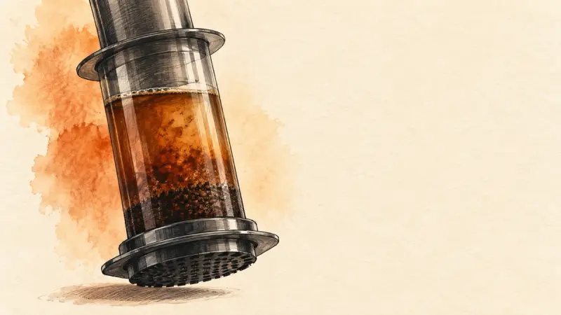 Watercolor illustration of an AeroPress chamber filled with amber coffee on a cream background.
