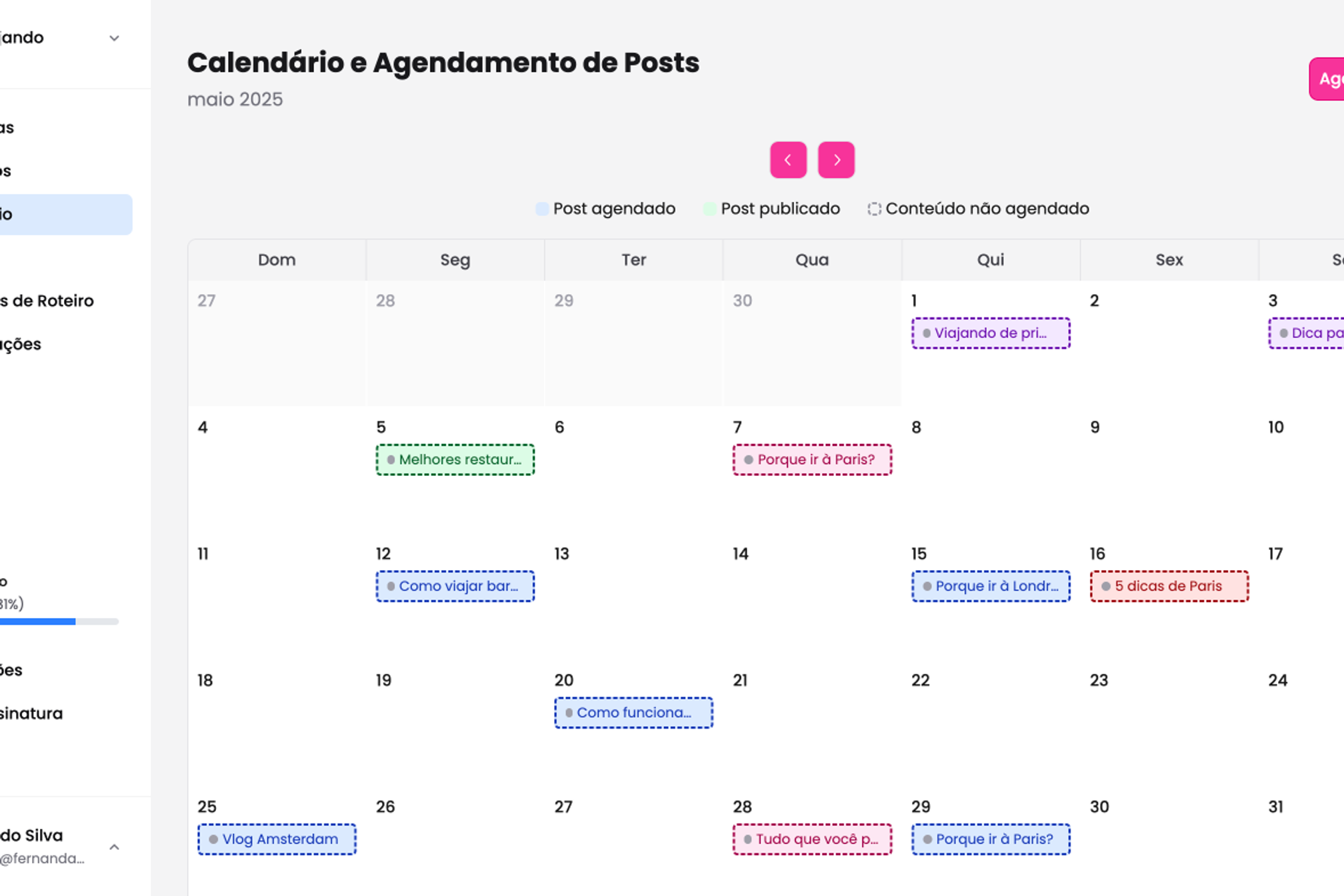 Calendário de postagens do Pora